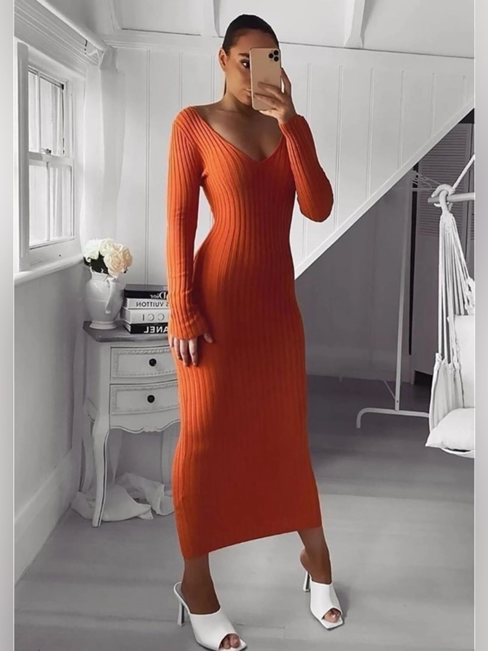 Fashion Nova Orange Ribbed V-Neck Long Sleeve Maxi Dress